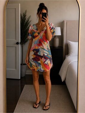 Tahari Bold Abstract Mini Dress Topical Puff Sleeve Women XS Boho Summer Holiday